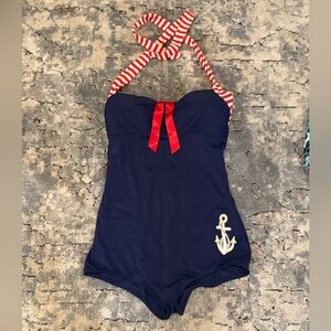 COCOSHIP Navy One Piece with Red and White Stripes🍒🍒🍒🍒